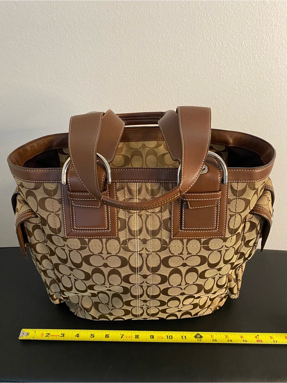 Coach Brown Signature Canvas Travel bag with Leather Trim and side pockets - Picture 15 of 16